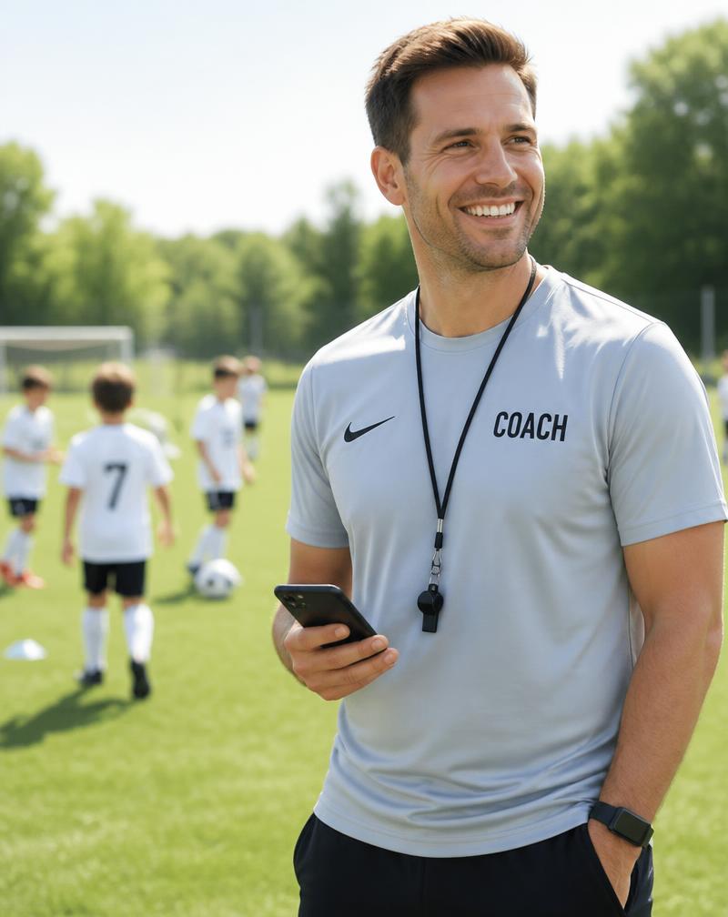 Coach recording a spoken player update on a phone at the side of a training pitch