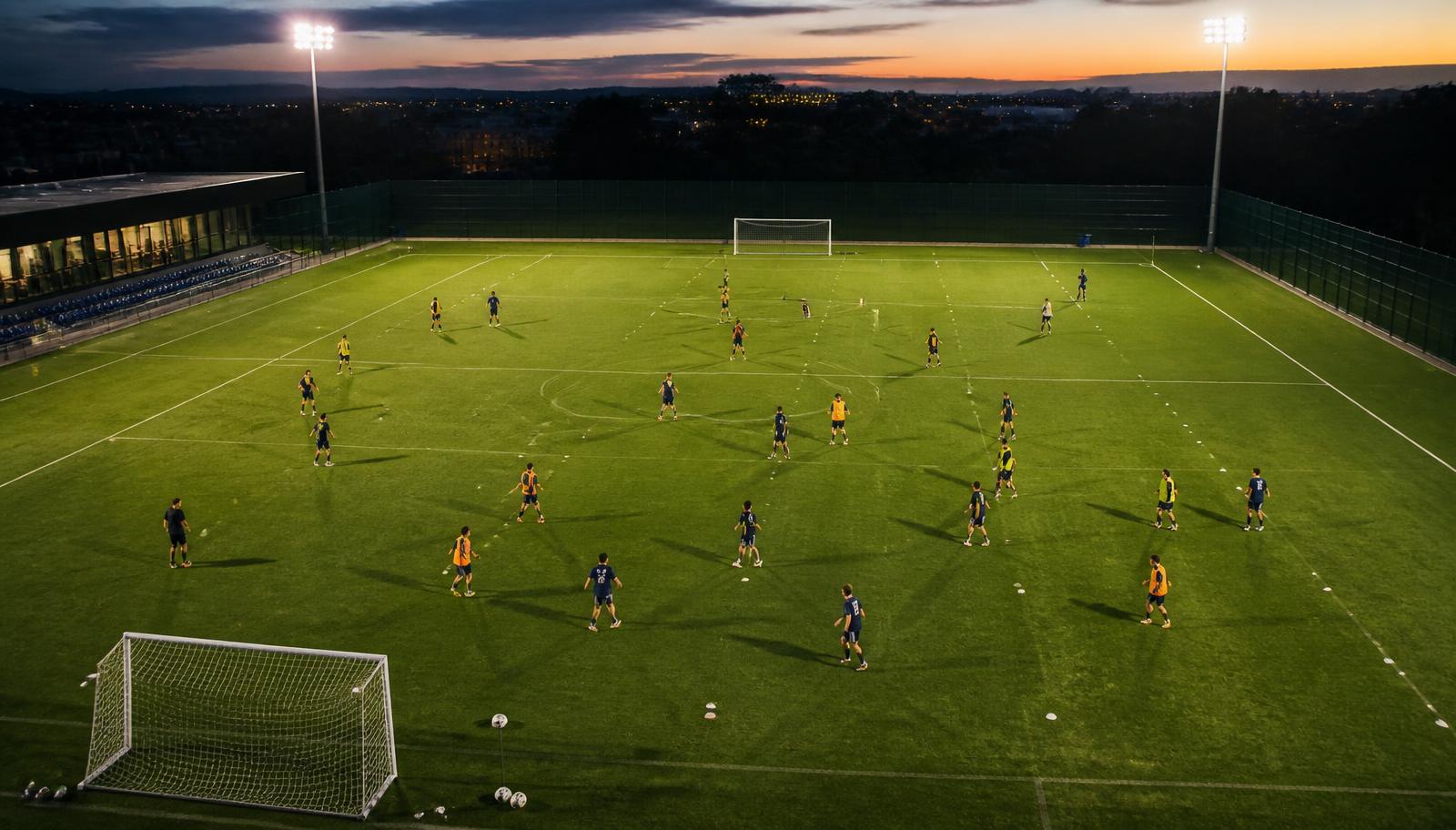 Elevated camera view of a full football training session with around twenty players on the pitch